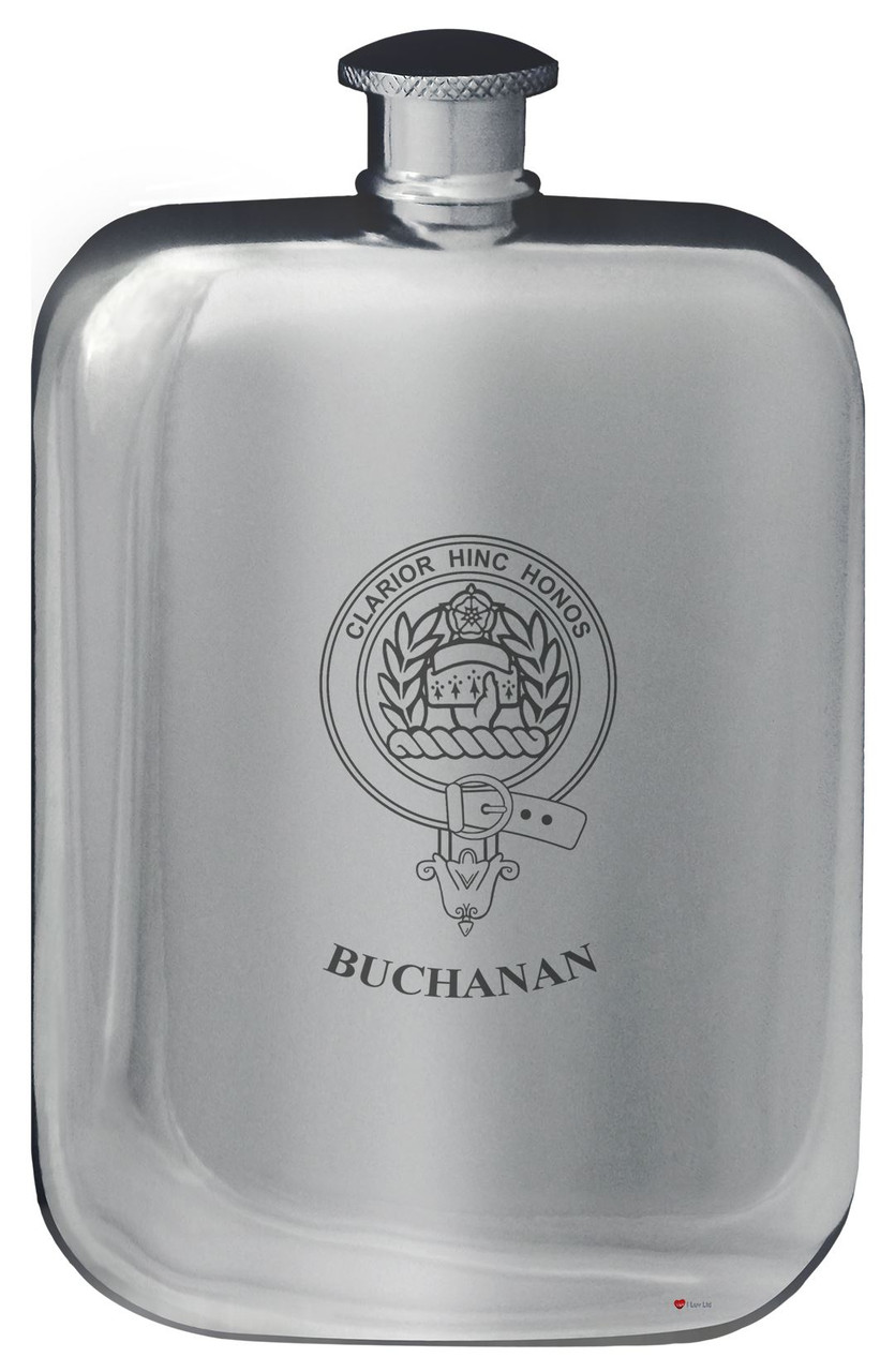 Buchanan Family Crest Design Pocket Hip Flask 6oz Rounded Polished Pewter
