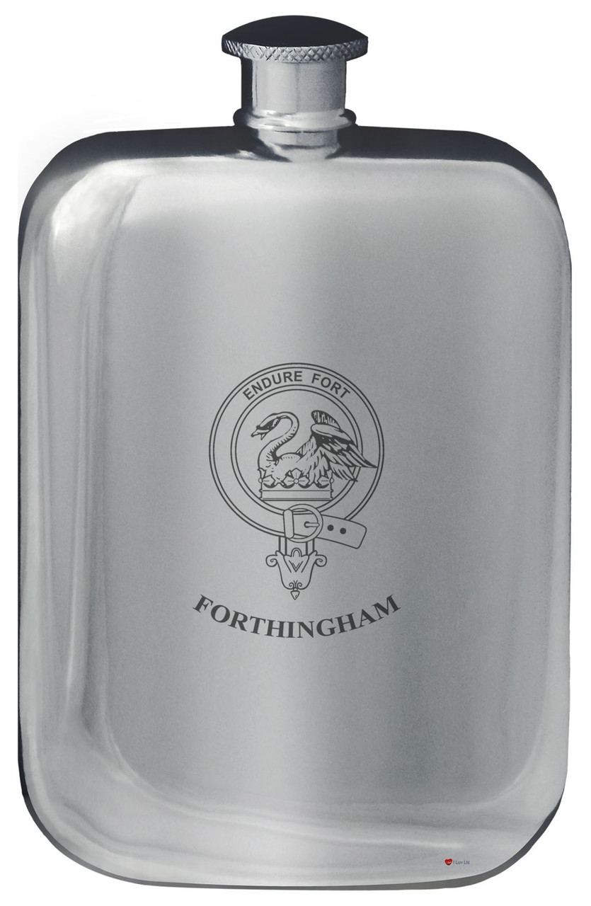 Forthingham Family Crest Design Pocket Hip Flask 6oz Rounded Polished Pewter