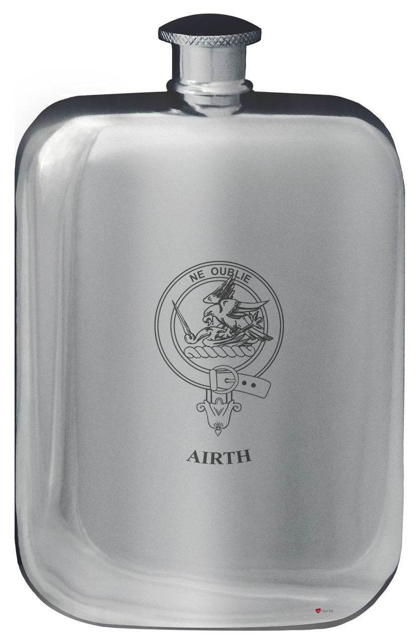 Airth Family Crest Design Pocket Hip Flask 6oz Rounded Polished Pewter