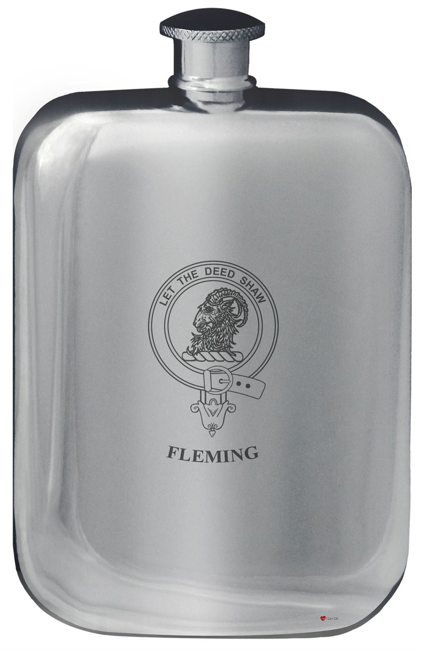 Fleming Family Crest Design Pocket Hip Flask 6oz Rounded Polished Pewter