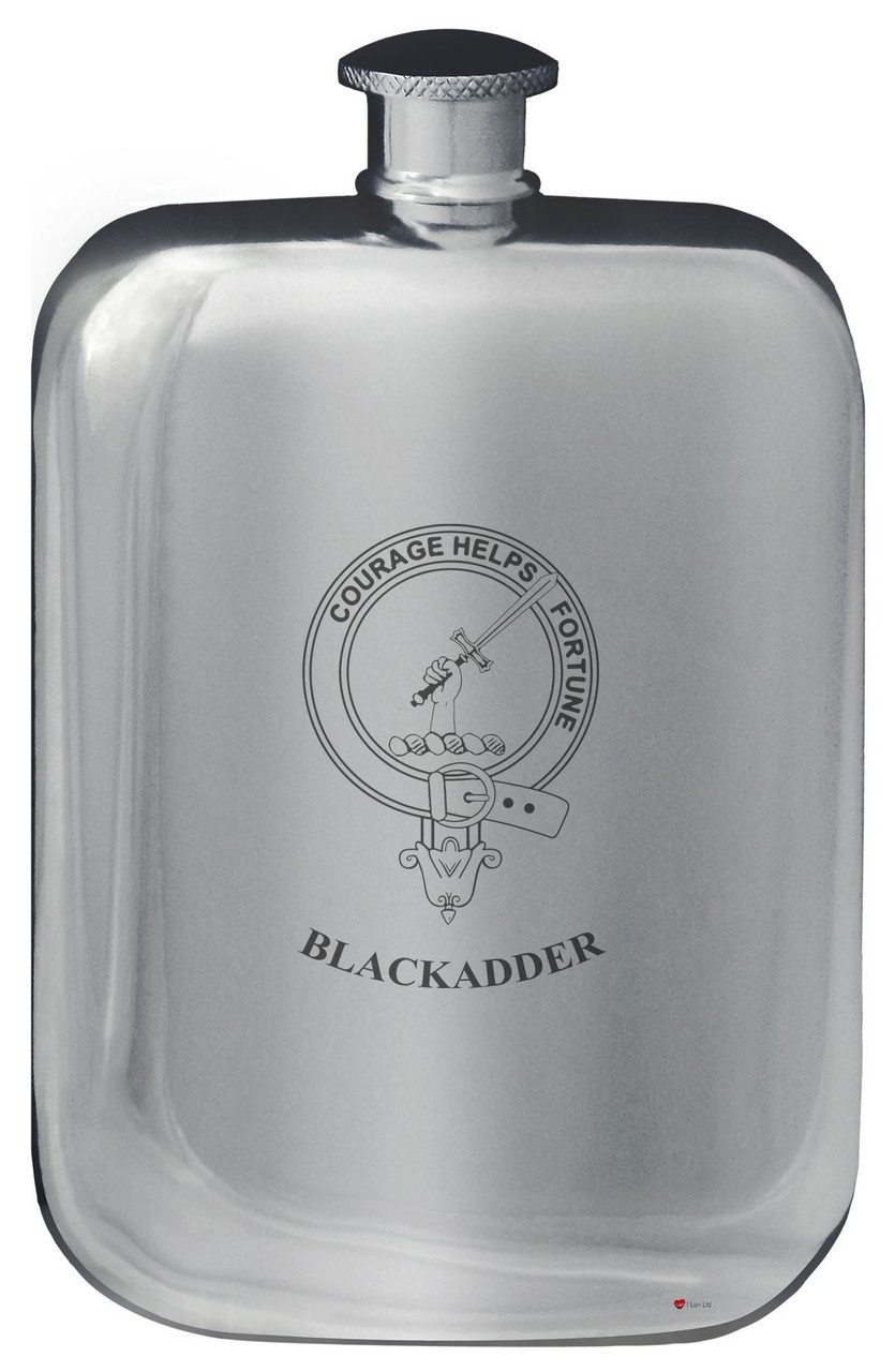 Blackadder Family Crest Design Pocket Hip Flask 6oz Rounded Polished Pewter