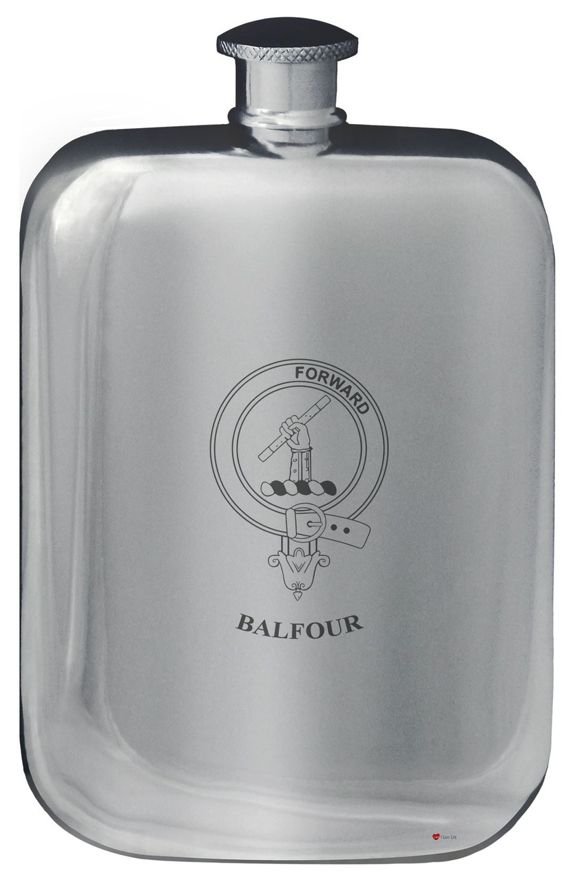 Balfour Family Crest Design Pocket Hip Flask 6oz Rounded Polished Pewter
