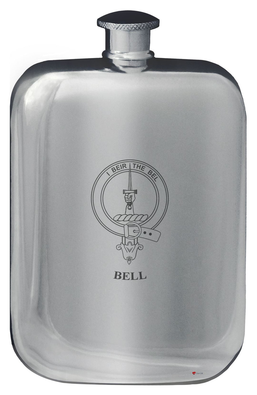 Bell Family Crest Design Pocket Hip Flask 6oz Rounded Polished Pewter