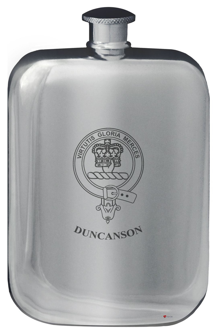 Duncanson Family Crest Design Pocket Hip Flask 6oz Rounded Polished Pewter