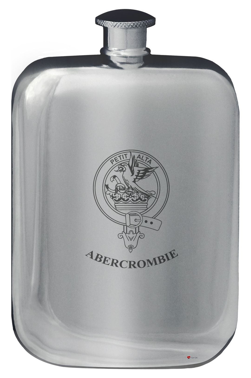 Abercrombie Family Crest Design Pocket Hip Flask 6oz Rounded Polished Pewter