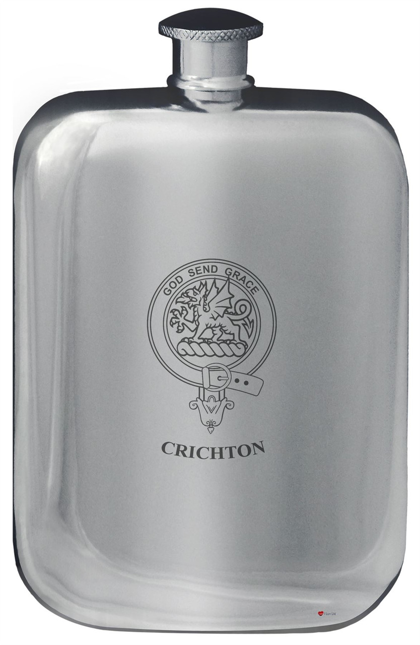Crichton Family Crest Design Pocket Hip Flask 6oz Rounded Polished Pewter