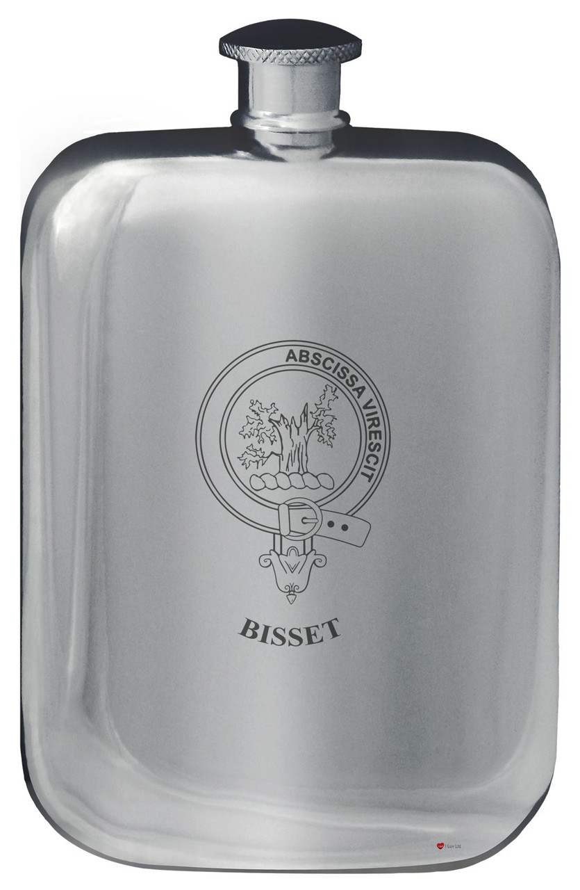 Bisset Family Crest Design Pocket Hip Flask 6oz Rounded Polished Pewter