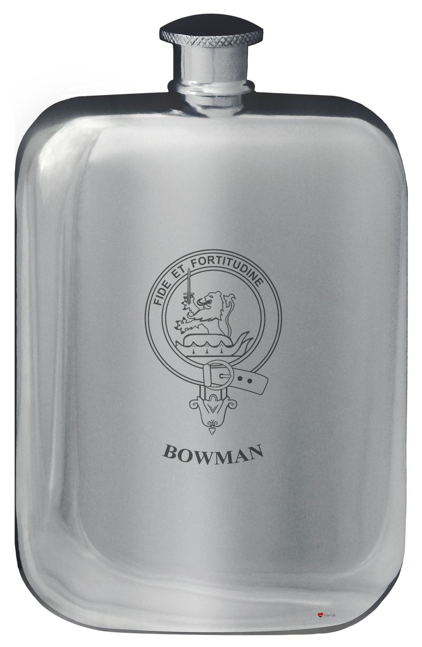 Bowman Family Crest Design Pocket Hip Flask 6oz Rounded Polished Pewter