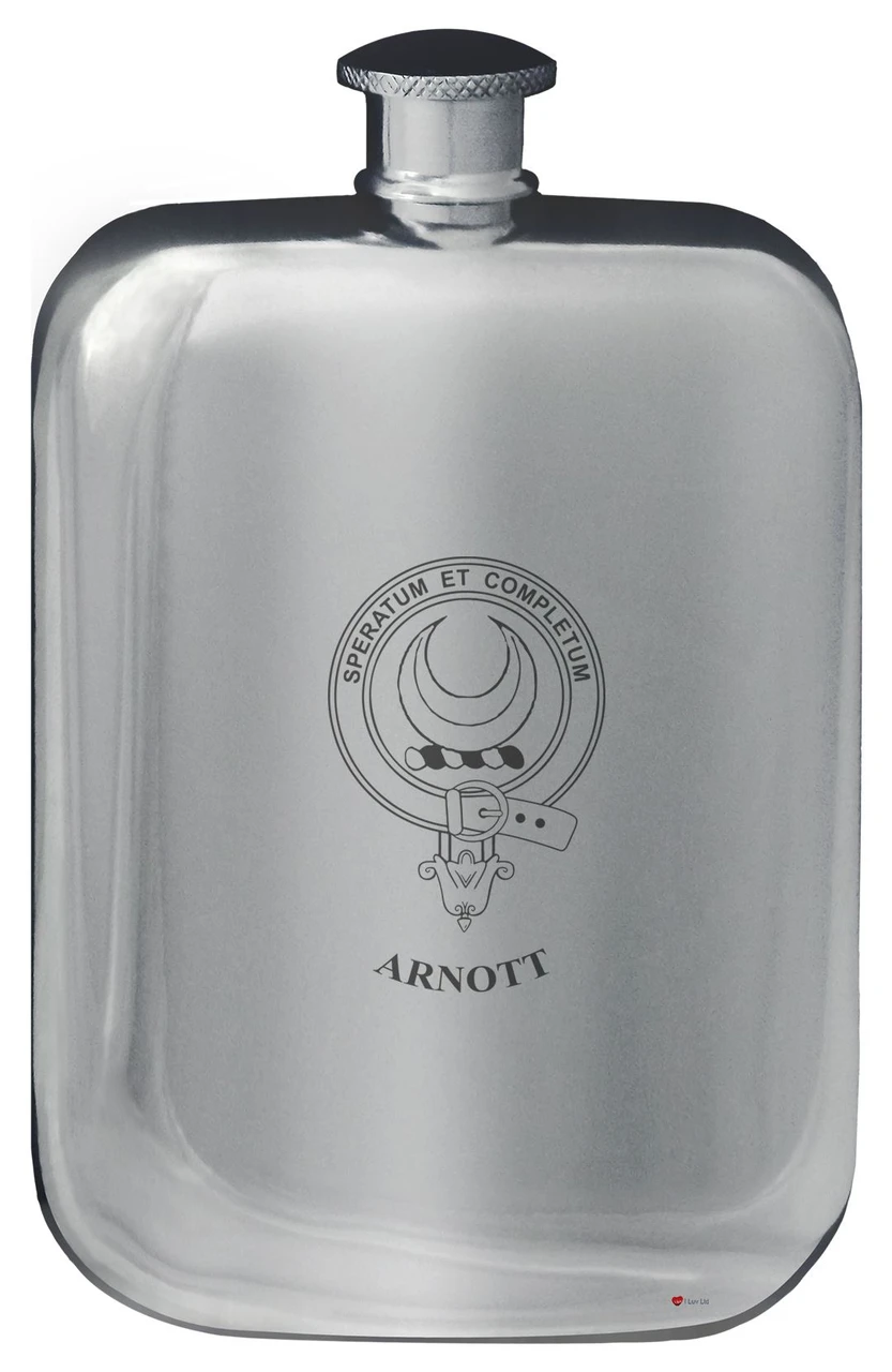 Arnott Family Crest Design Pocket Hip Flask 6oz Rounded Polished Pewter