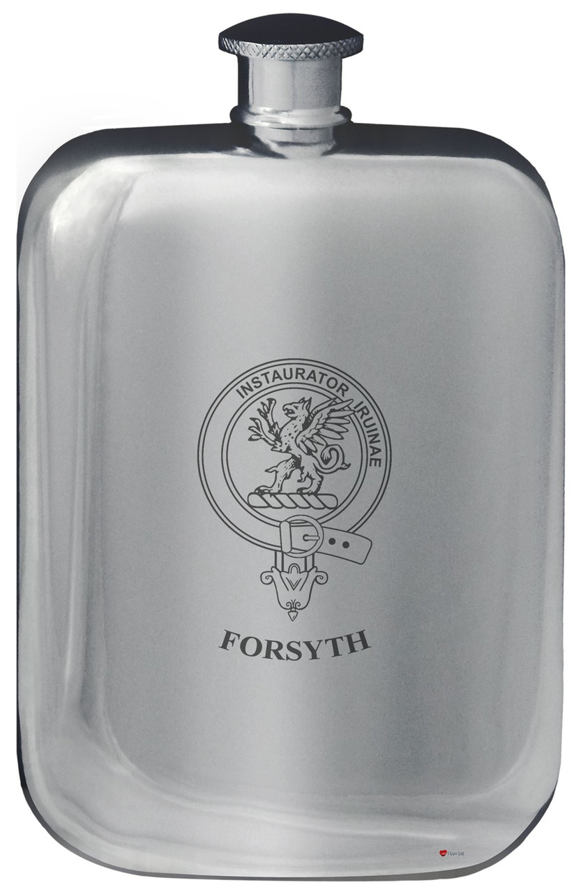 Forsyth Family Crest Design Pocket Hip Flask 6oz Rounded Polished Pewter