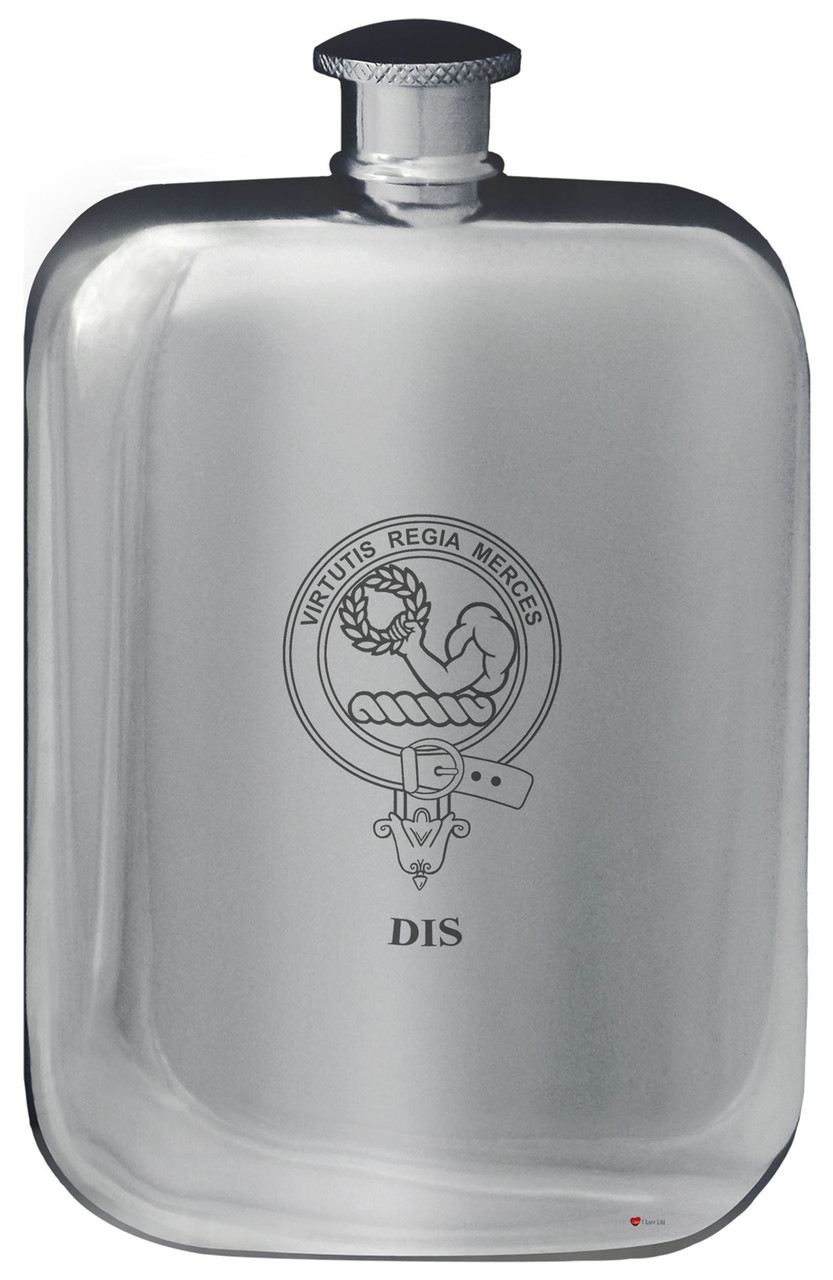 Dis Family Crest Design Pocket Hip Flask 6oz Rounded Polished Pewter