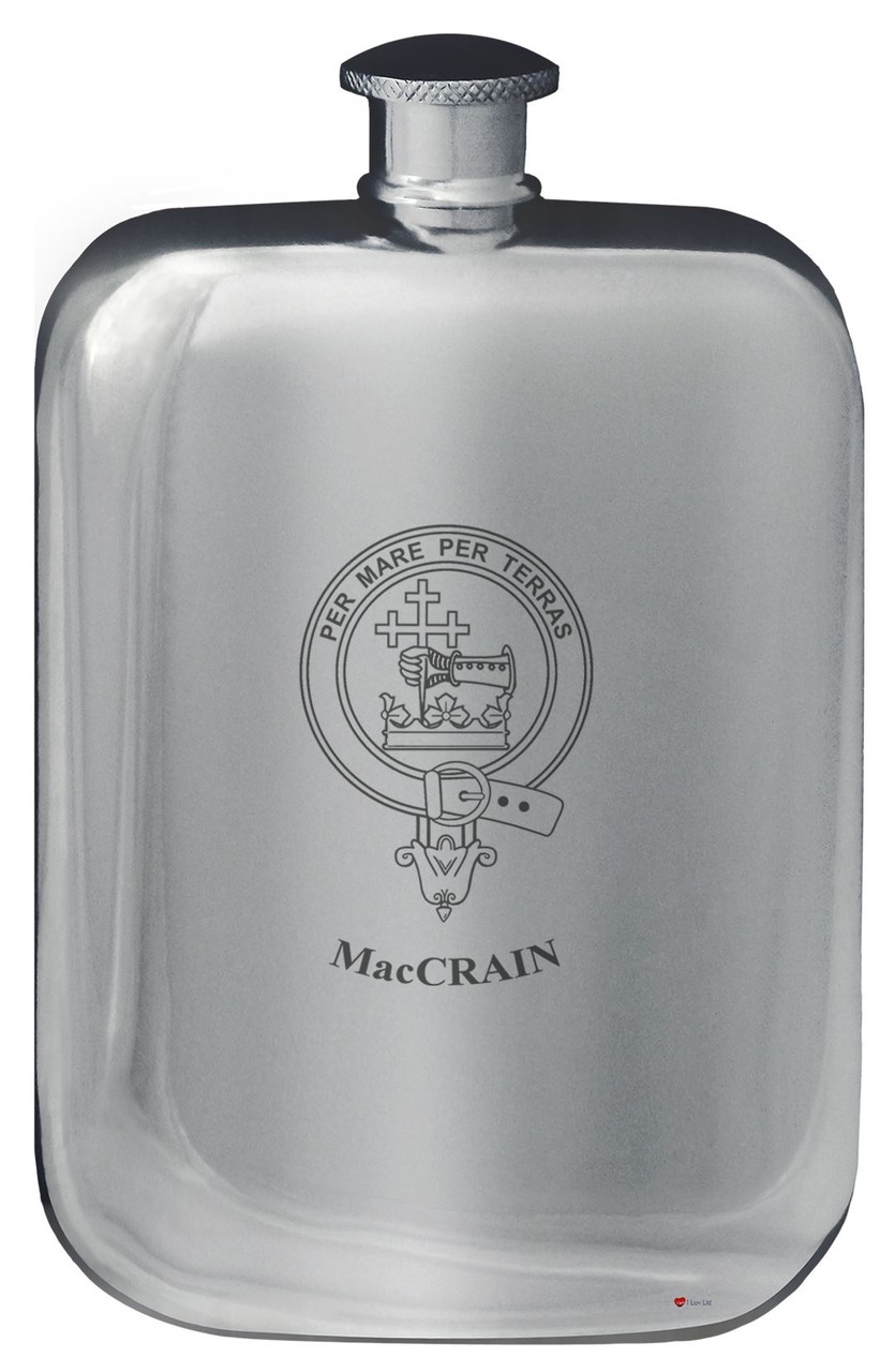 MacCrain Family Crest Design Pocket Hip Flask 6oz Rounded Polished Pewter