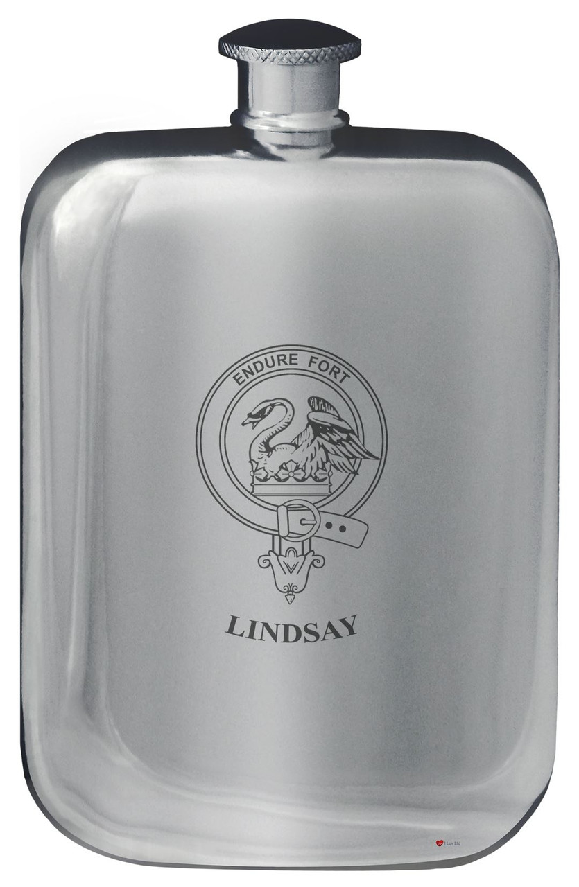 Lindsay Family Crest Design Pocket Hip Flask 6oz Rounded Polished Pewter