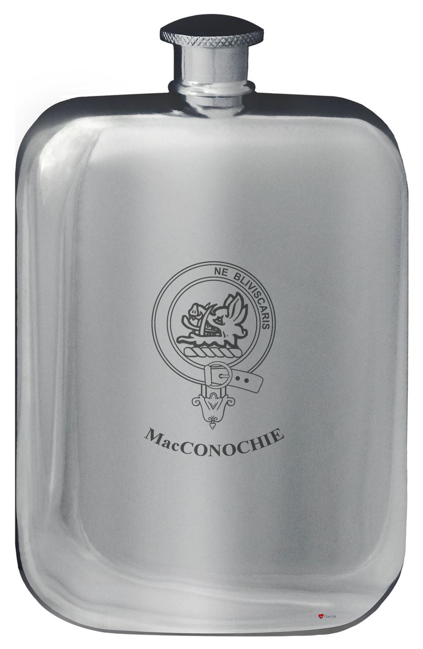 MacConochie Family Crest Design Pocket Hip Flask 6oz Rounded Polished Pewter