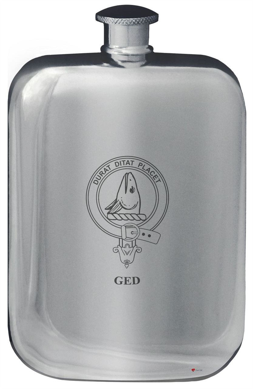 Ged Family Crest Design Pocket Hip Flask 6oz Rounded Polished Pewter