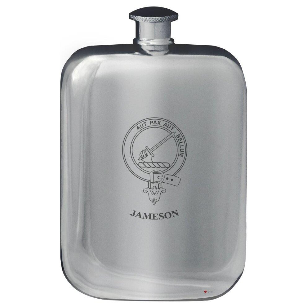 Jameson Family Crest Design Pocket Hip Flask 6oz Rounded Polished Pewter