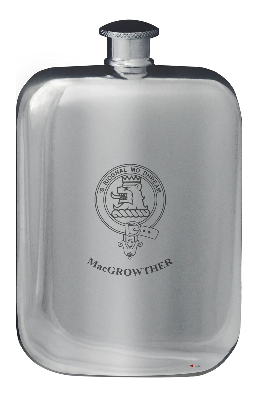 MacGrowther Family Crest Design Pocket Hip Flask 6oz Rounded Polished Pewter
