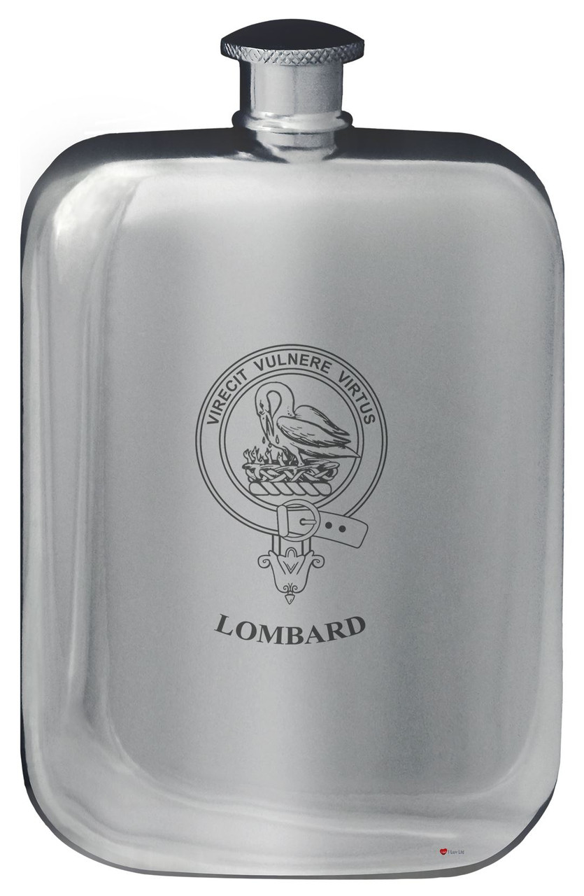 Lombard Family Crest Design Pocket Hip Flask 6oz Rounded Polished Pewter