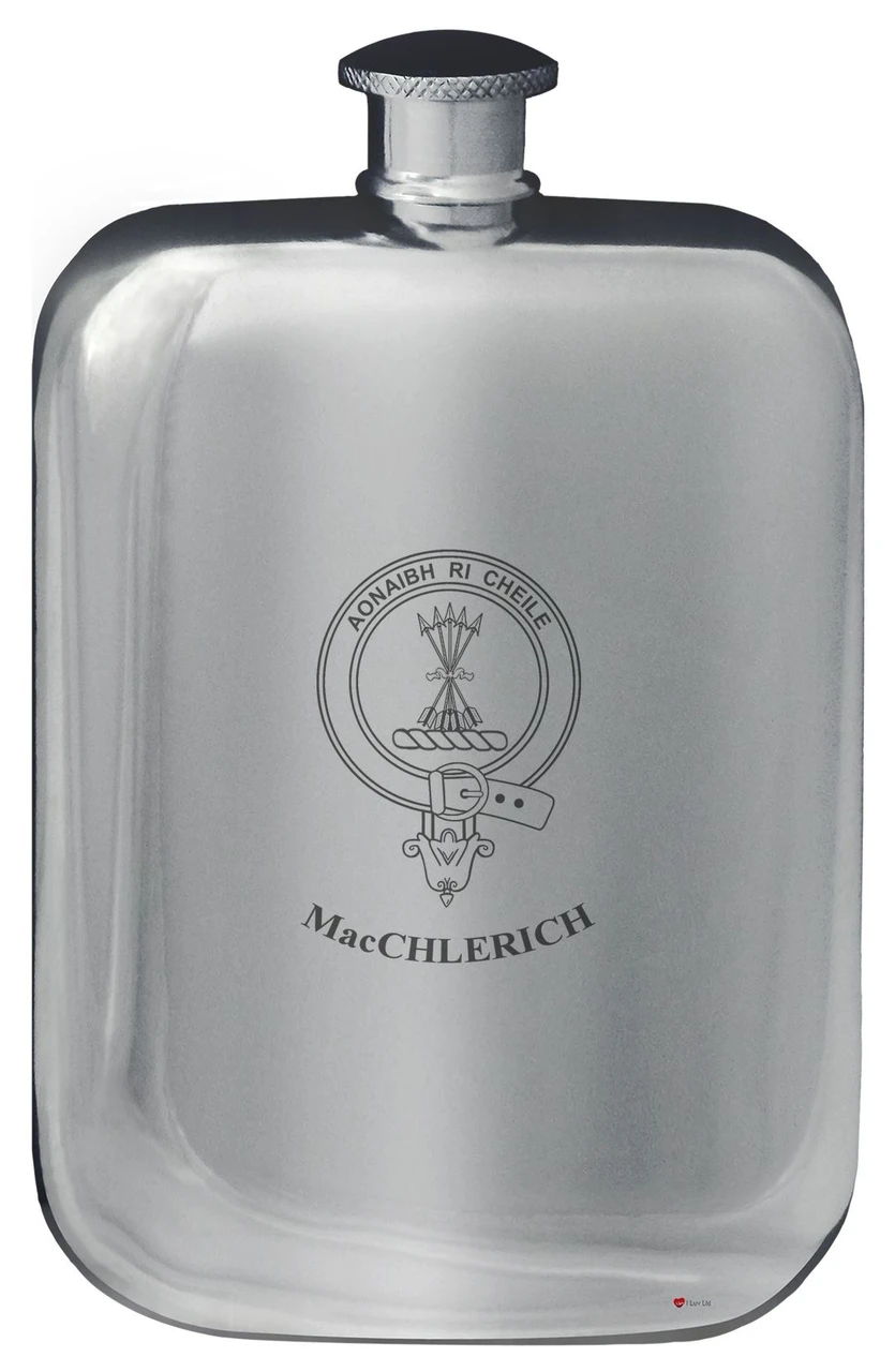 MacChlerich Family Crest Design Pocket Hip Flask 6oz Rounded Polished Pewter
