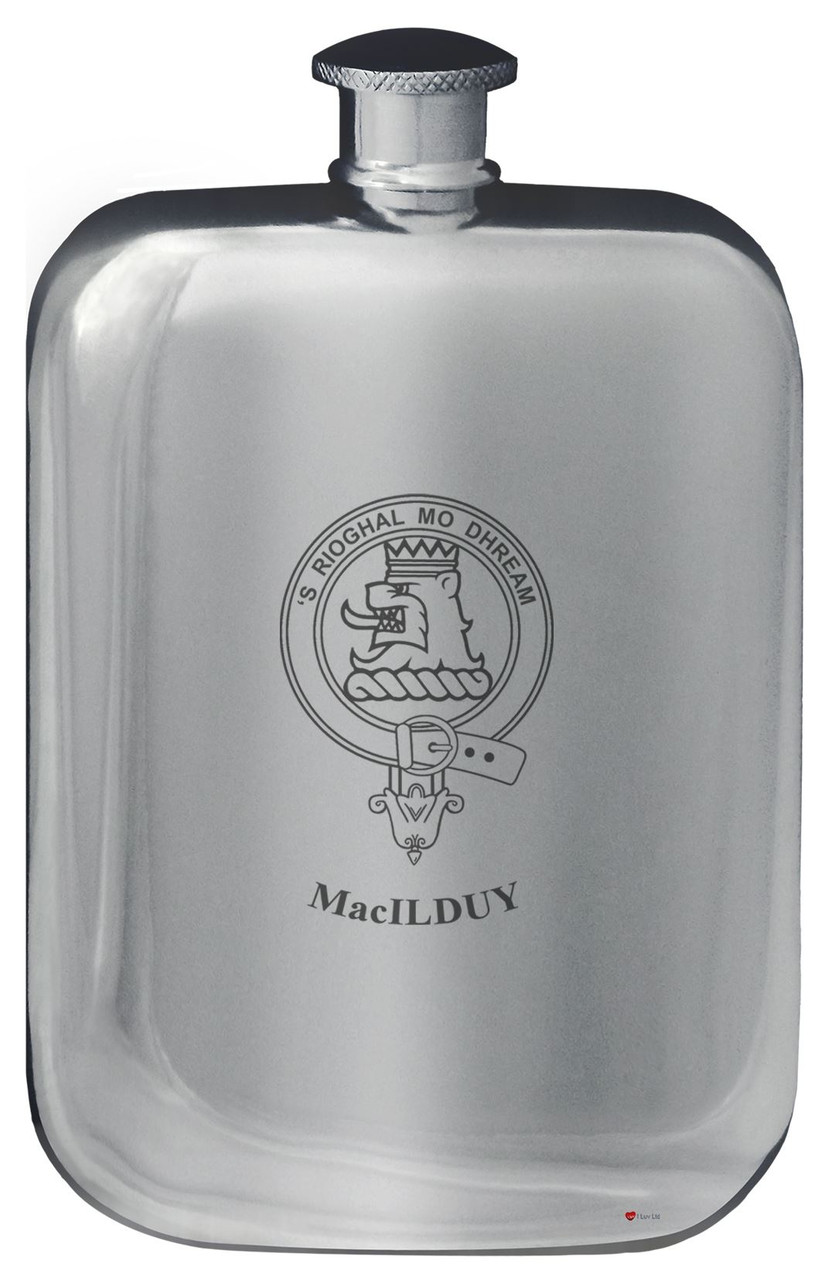MacIlduy Family Crest Design Pocket Hip Flask 6oz Rounded Polished Pewter