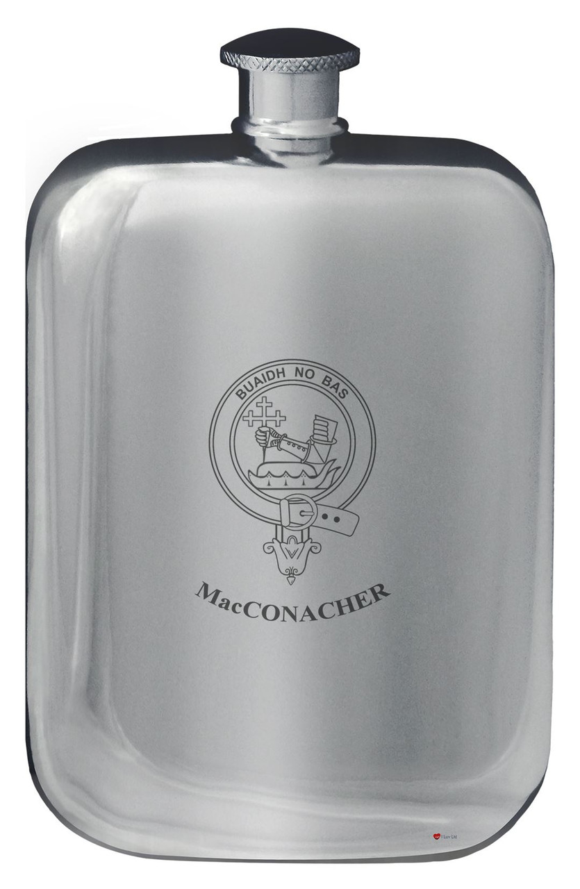 MacConacher Family Crest Design Pocket Hip Flask 6oz Rounded Polished Pewter