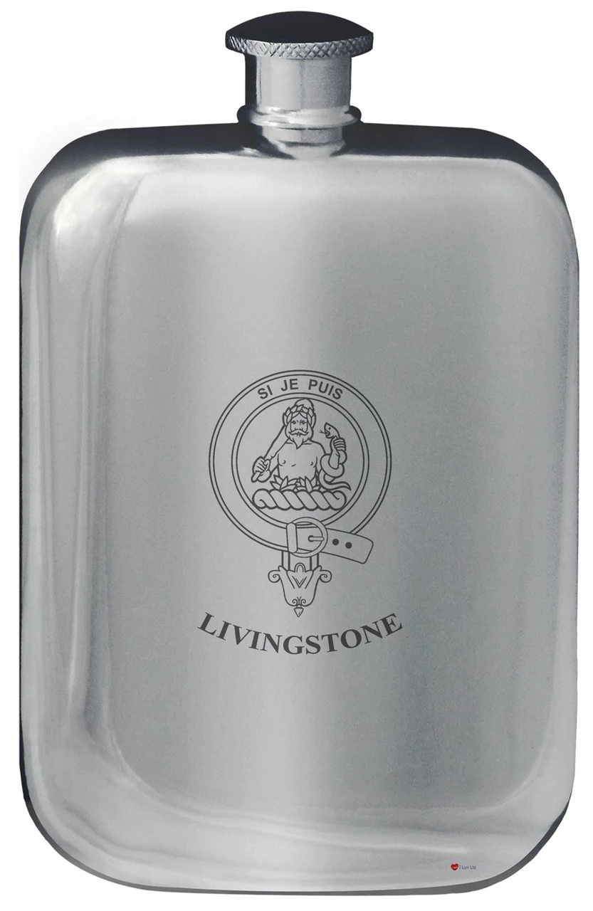 Livingstone Family Crest Design Pocket Hip Flask 6oz Rounded Polished Pewter