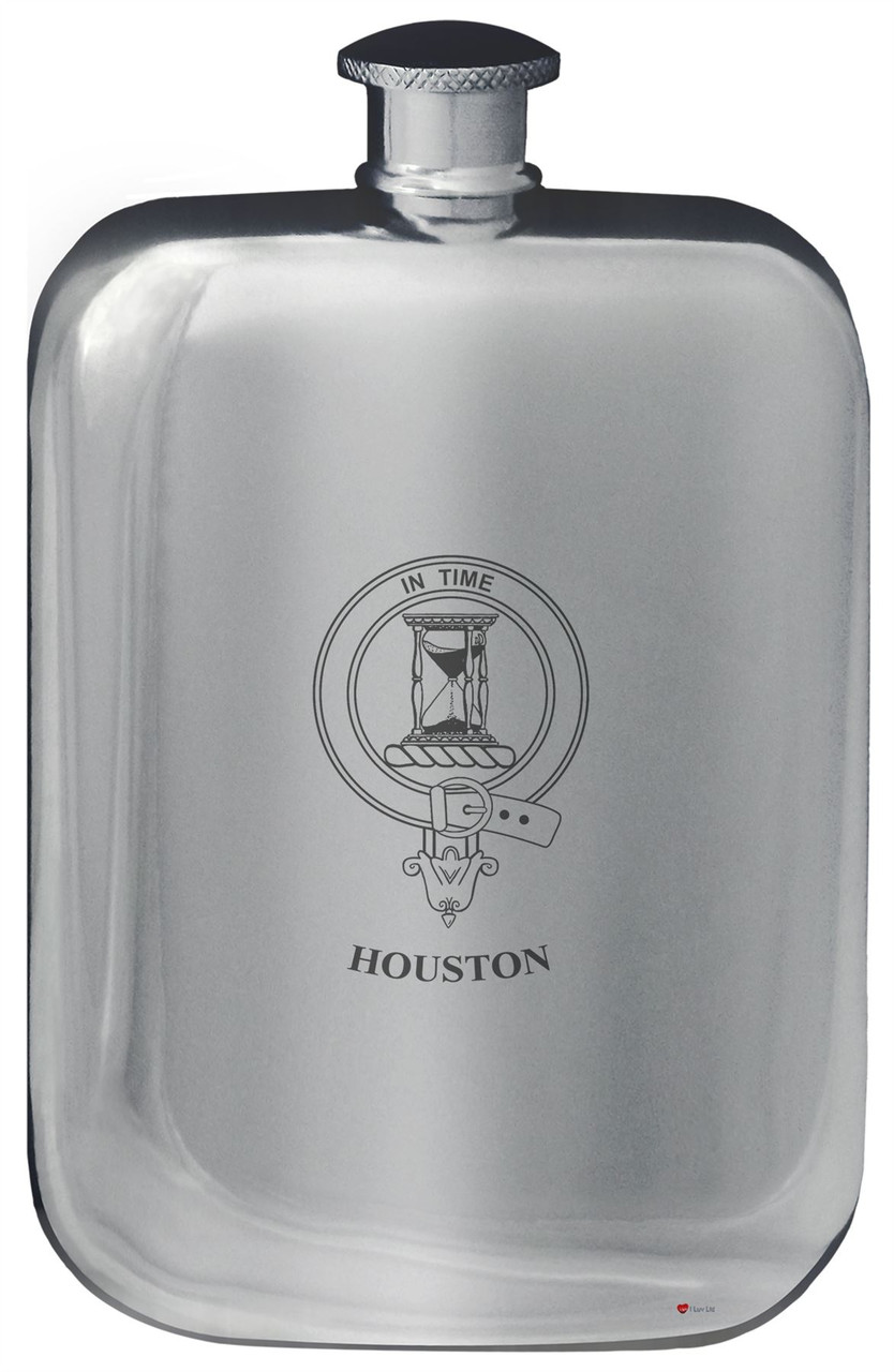 Houston Family Crest Design Pocket Hip Flask 6oz Rounded Polished Pewter