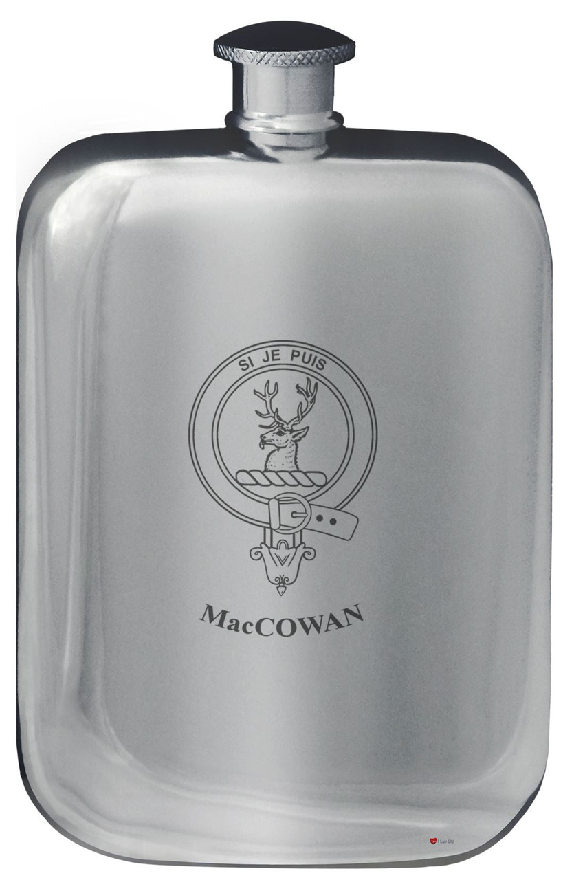 MacCowan Family Crest Design Pocket Hip Flask 6oz Rounded Polished Pewter