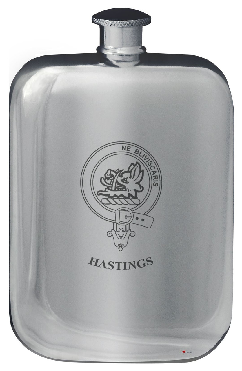 Hastings Family Crest Design Pocket Hip Flask 6oz Rounded Polished Pewter