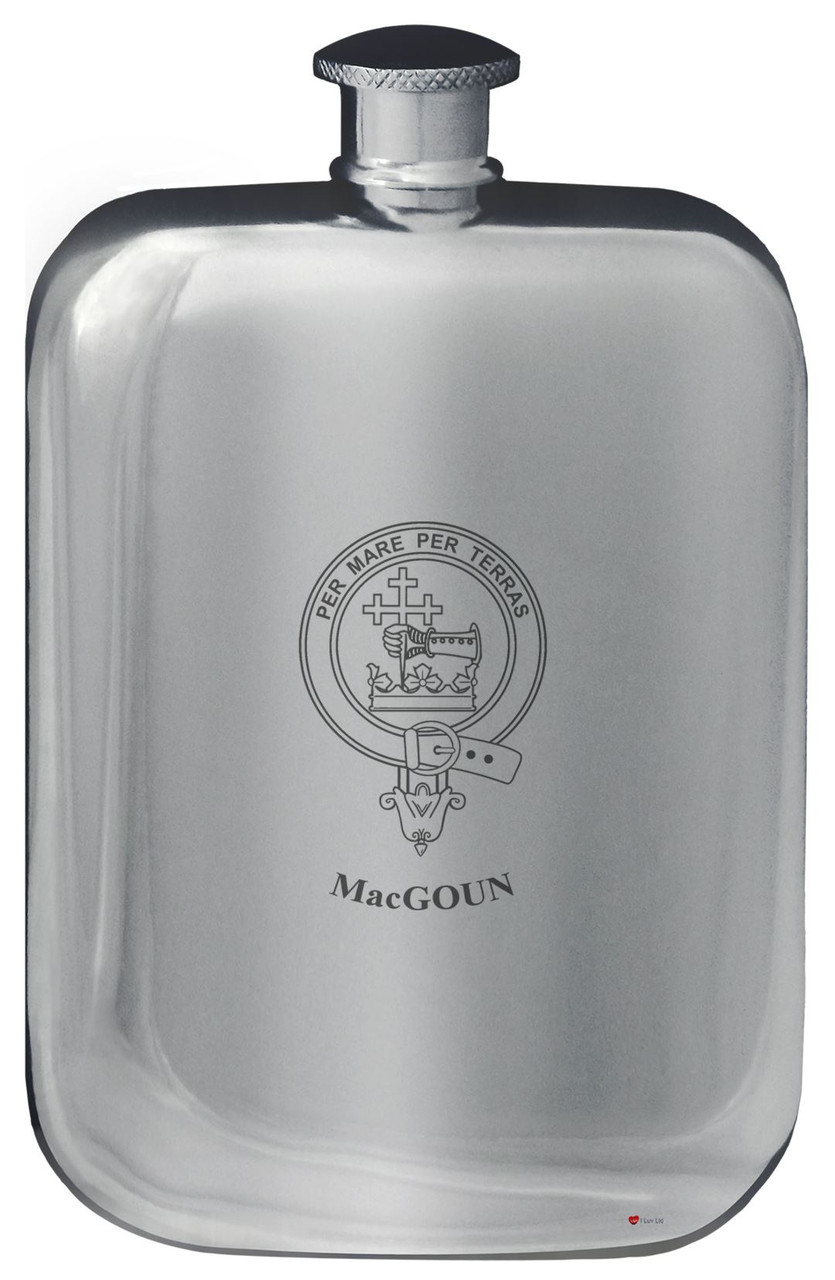 MacGoun Family Crest Design Pocket Hip Flask 6oz Rounded Polished Pewter