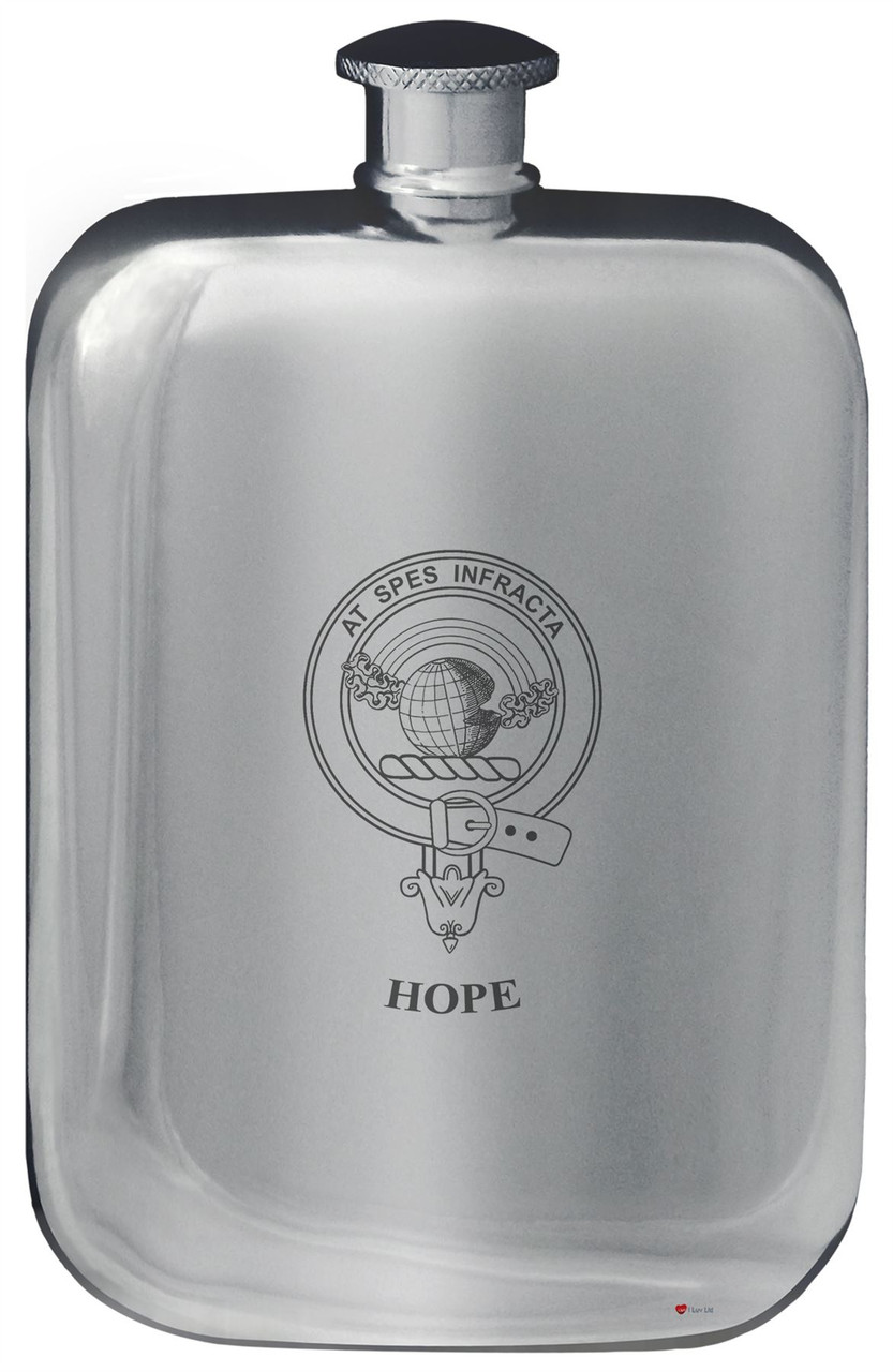 Hope Family Crest Design Pocket Hip Flask 6oz Rounded Polished Pewter