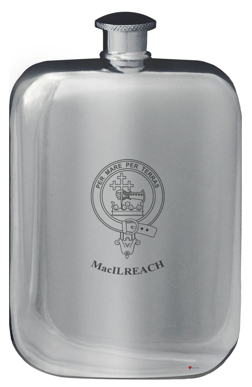 MacIlreach Family Crest Design Pocket Hip Flask 6oz Rounded Polished Pewter