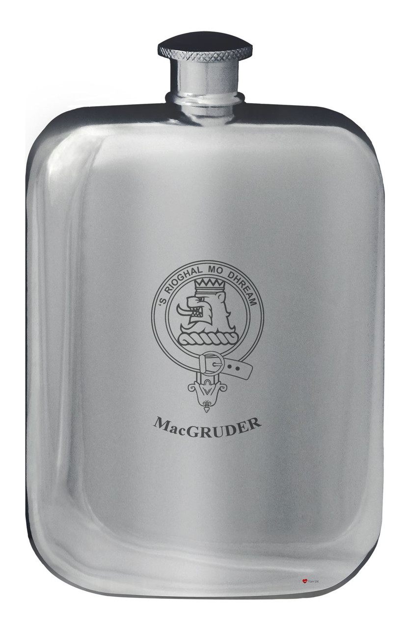 MacGruder Family Crest Design Pocket Hip Flask 6oz Rounded Polished Pewter