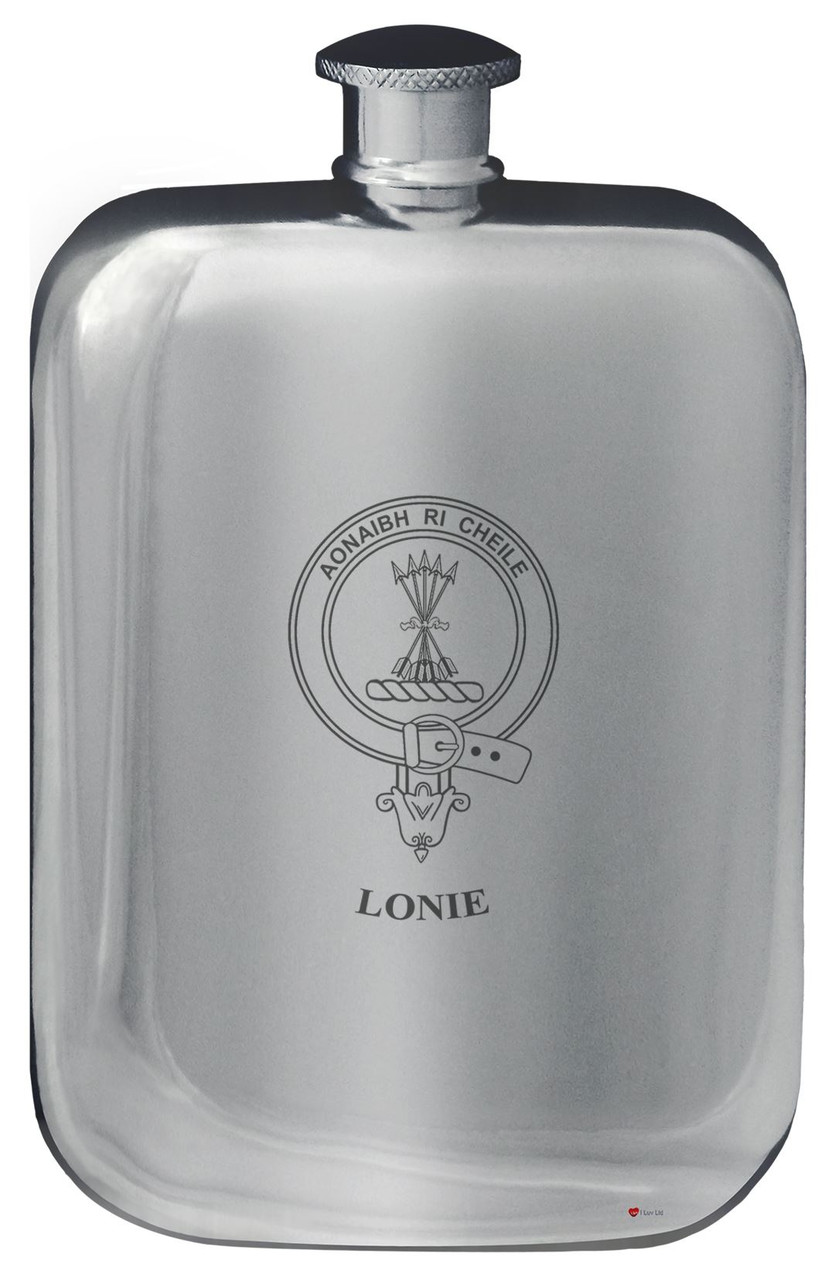 Lonie Family Crest Design Pocket Hip Flask 6oz Rounded Polished Pewter