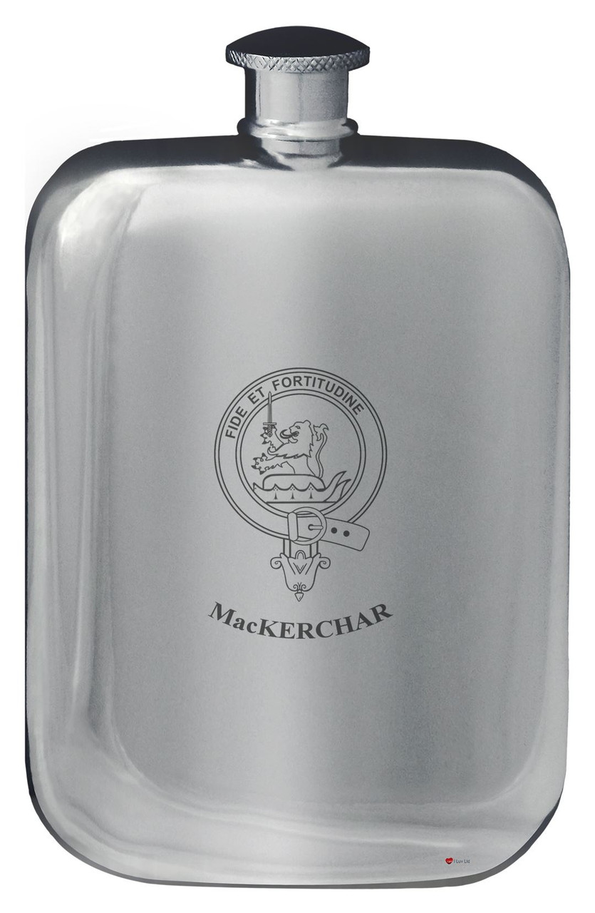 MacKerchar Family Crest Design Pocket Hip Flask 6oz Rounded Polished Pewter
