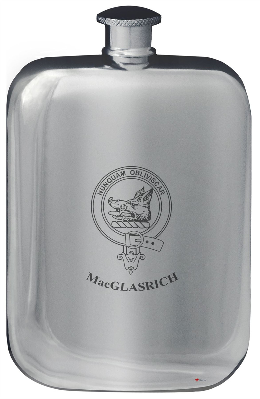 MacGlasrich Family Crest Design Pocket Hip Flask 6oz Rounded Polished Pewter