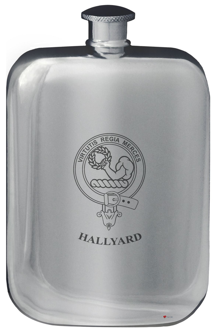 Hallyard Family Crest Design Pocket Hip Flask 6oz Rounded Polished Pewter