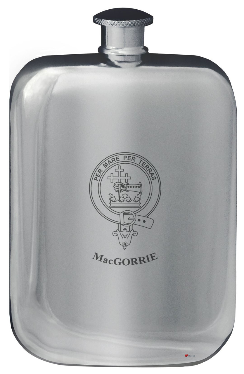 MacGorrie Family Crest Design Pocket Hip Flask 6oz Rounded Polished Pewter