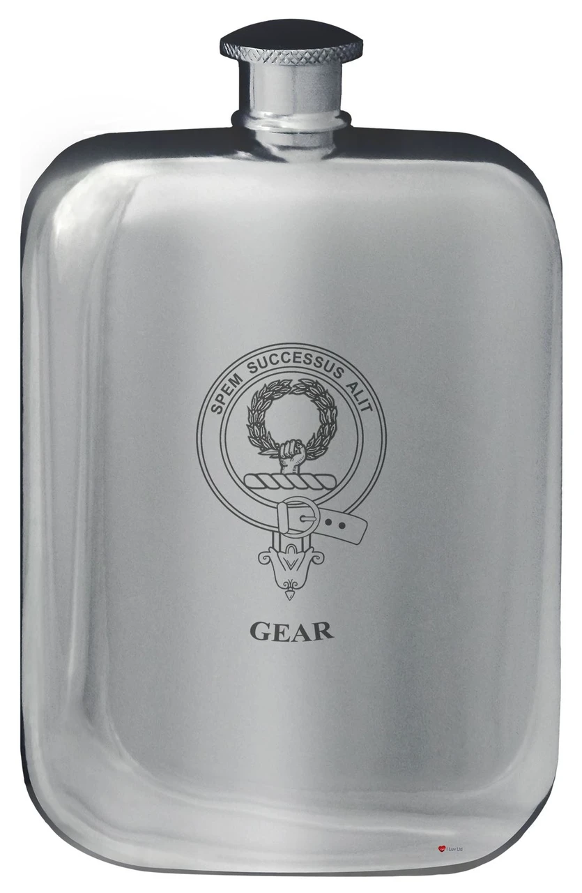 Gear Family Crest Design Pocket Hip Flask 6oz Rounded Polished Pewter