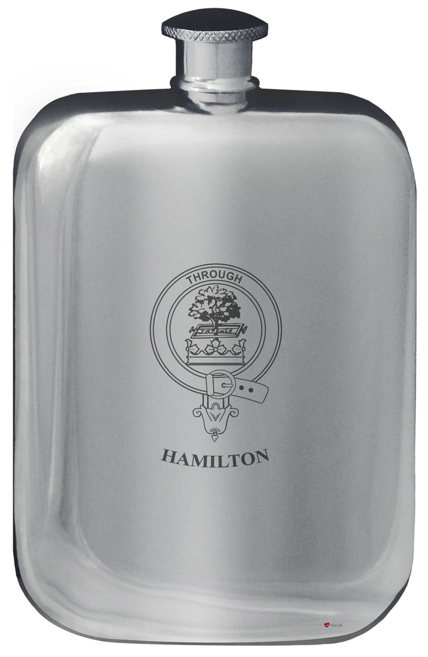 Hamilton Family Crest Design Pocket Hip Flask 6oz Rounded Polished Pewter
