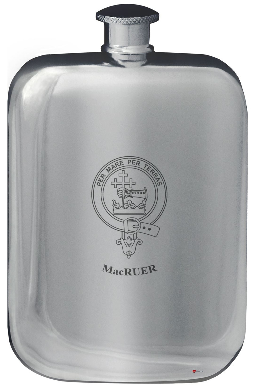 MacRuer Family Crest Design Pocket Hip Flask 6oz Rounded Polished Pewter