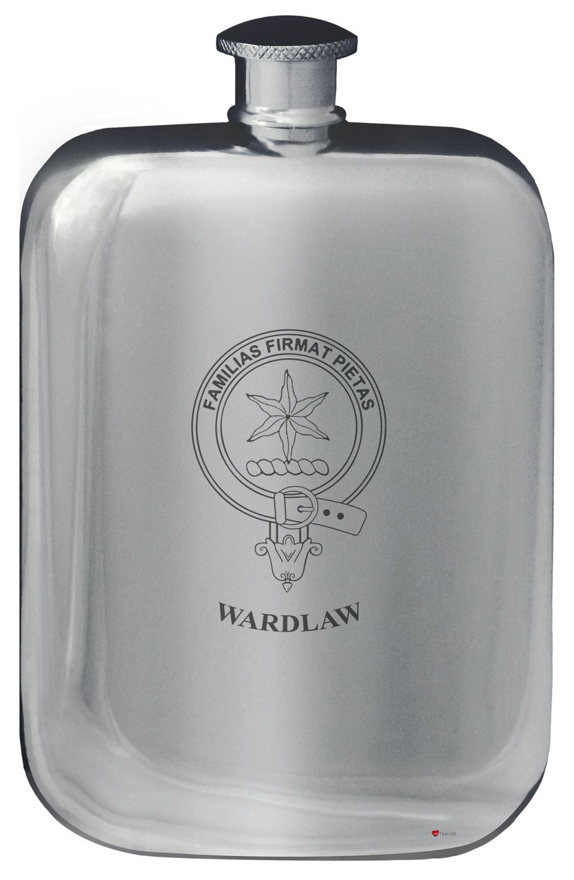 Wardlaw Family Crest Design Pocket Hip Flask 6oz Rounded Polished Pewter