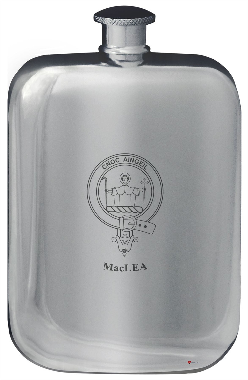 MacLea Family Crest Design Pocket Hip Flask 6oz Rounded Polished Pewter