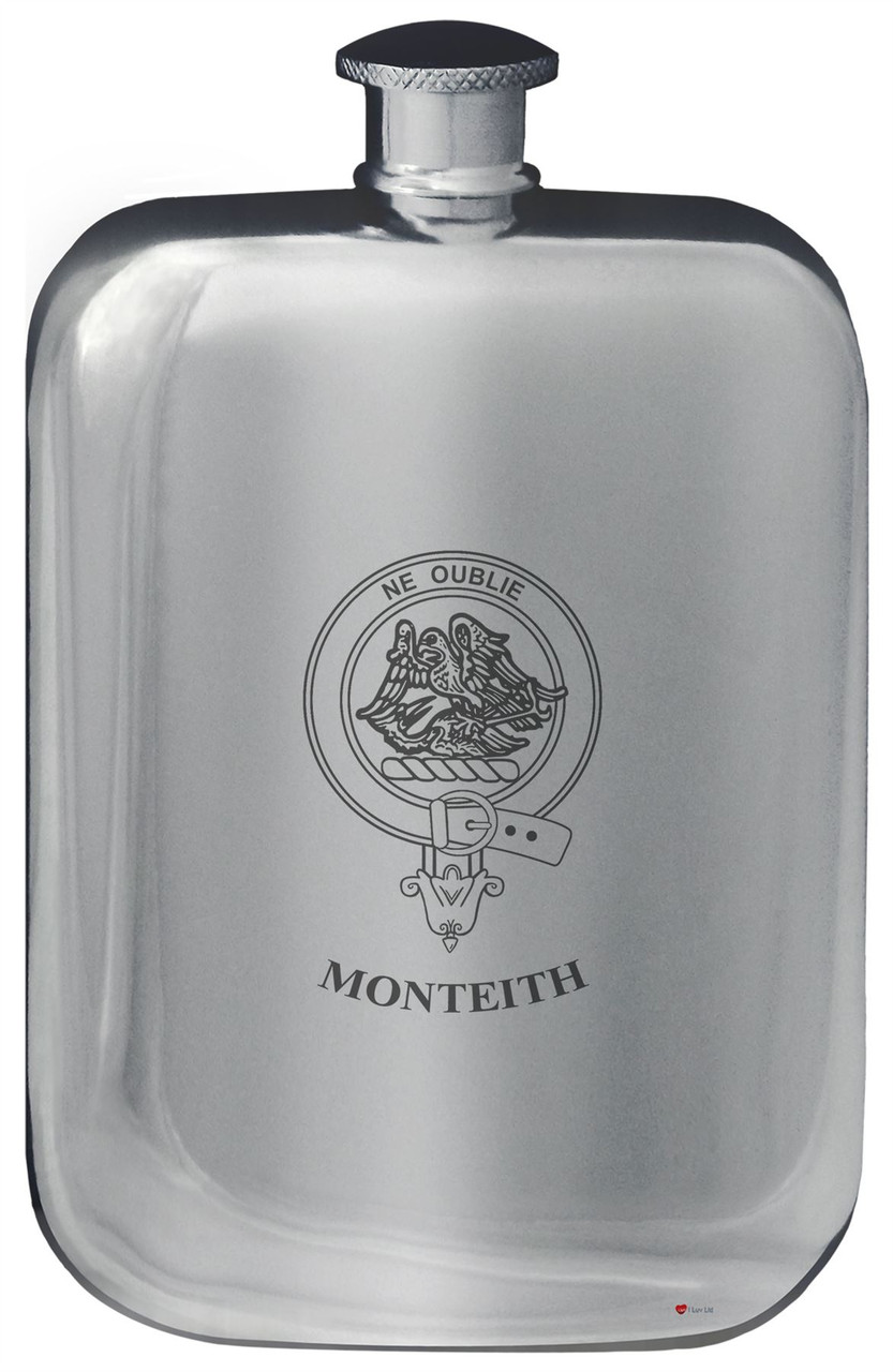 Monteith Family Crest Design Pocket Hip Flask 6oz Rounded Polished Pewter