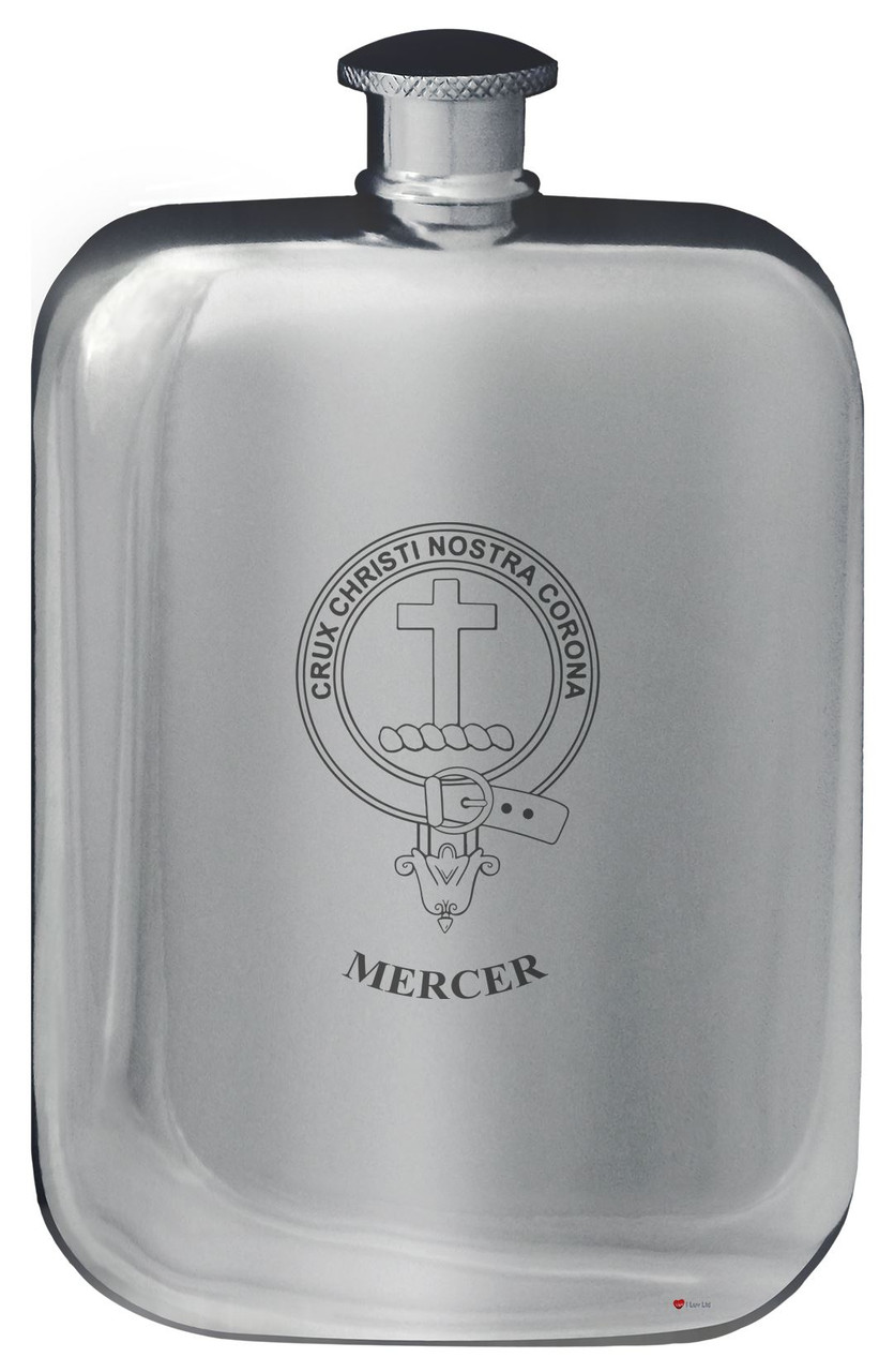Mercer Family Crest Design Pocket Hip Flask 6oz Rounded Polished Pewter