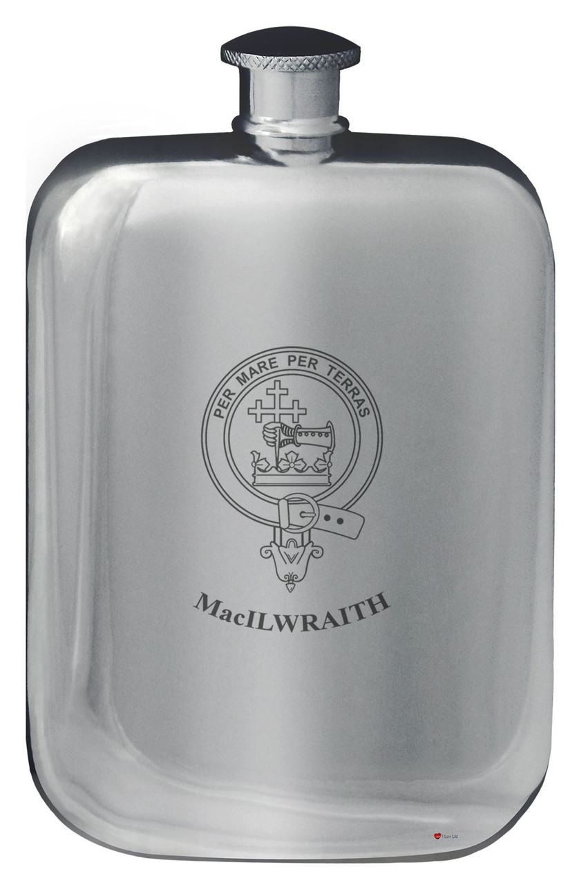 MacIlwraith Family Crest Design Pocket Hip Flask 6oz Rounded Polished Pewter