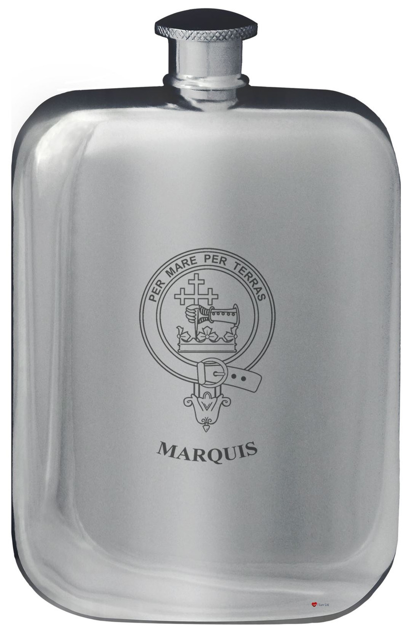 Marquis Family Crest Design Pocket Hip Flask 6oz Rounded Polished Pewter
