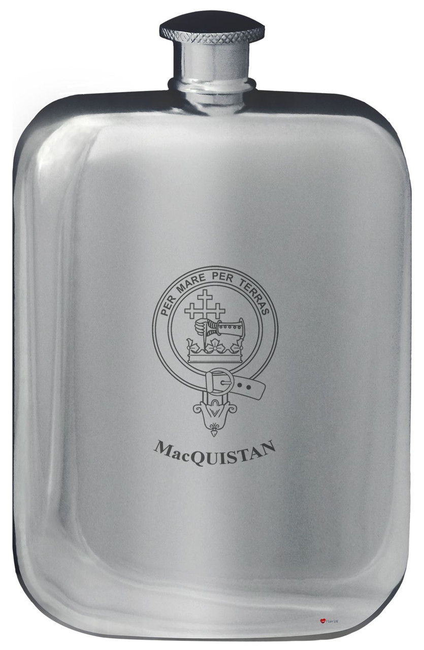 MacQuistan Family Crest Design Pocket Hip Flask 6oz Rounded Polished Pewter