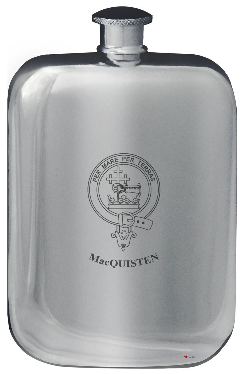 MacQuisten Family Crest Design Pocket Hip Flask 6oz Rounded Polished Pewter