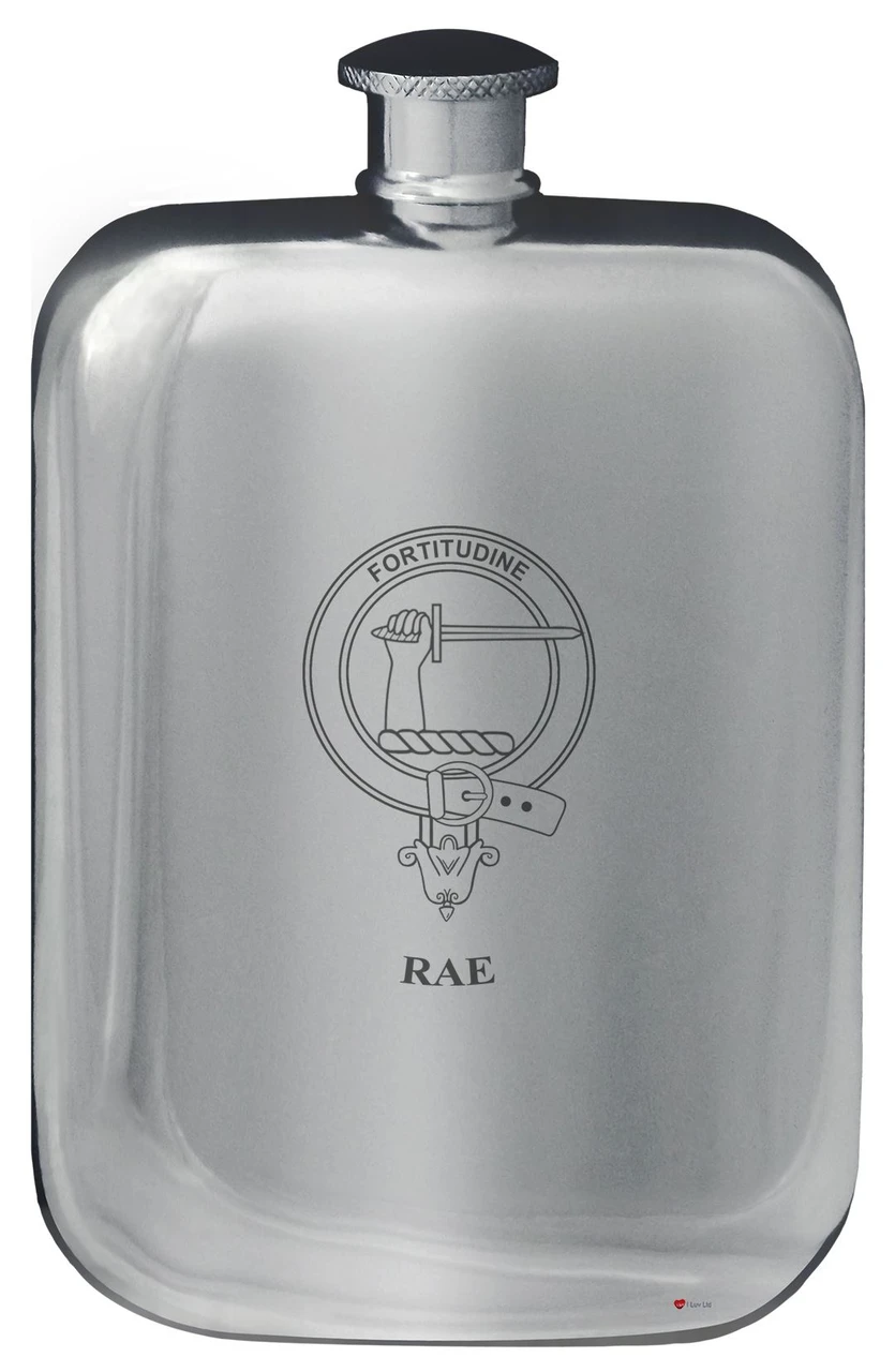 Rae Family Crest Design Pocket Hip Flask 6oz Rounded Polished Pewter